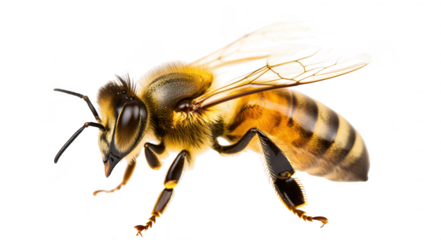 A close-up view of a honeybee its intricate details. including its wings and body structure. set against a clean white background. ideal for educational or nature-related uses