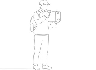 Minimalist Lineart Delivery Man Scanning Package with Barcode Outline Illustration