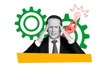 Composite photo collage of unhappy tired businessman work failure hand hold light bulb idea...