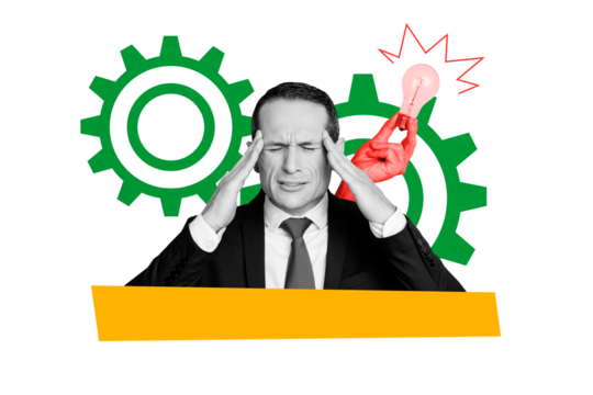 Composite photo collage of unhappy tired businessman work failure hand hold light bulb idea settings gears isolated on painted background - Powered by Adobe
