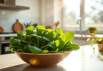 Sunlight streams into a modern kitchen; a bowl of fresh spinach sits on a counter, a leaf partially eaten,  sunlight,  vegan