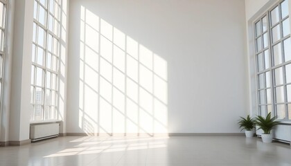Sunlight streams through large windows illuminating a pristine white wall, light, backdrop