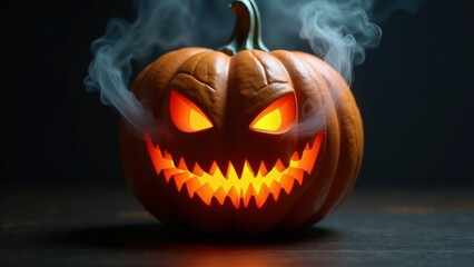 Sinister Jack-o'-lantern with a menacing grin carved into it, placed on a solid dark background. Eerie smoke billows from its glowing eyes and mouth, creating a spooky and classic Halloween symbol.
