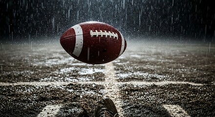 American football action in the rain against a blurred field during a game