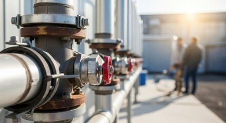 Pipeline system shows metallic pipelines, valves and flanges on industrial site, pipeline system ensures reliable distribution. Pipeline system, crucial for operational effectiveness