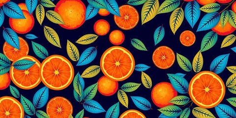 Vibrant orange & blue citrus leaf & fruit pattern, ideal for invitations, packaging, design element, invitation
