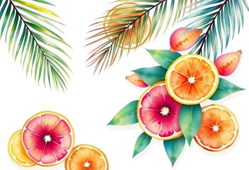 Vibrant watercolor palm leaves & citrus slices, summery tropical design,  texture,   botanical