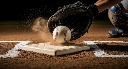 Close-up of a baseball being caught in a glove during a game on a dirt field.