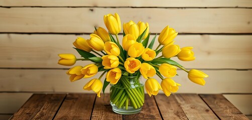 Vibrant yellow tulips in a glass vase on a rustic wooden table, decor, yellow