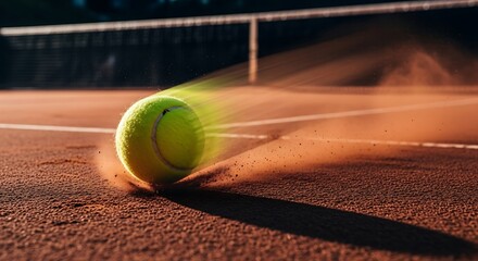 Tennis ball blurred with motion blur on clay court with net in background