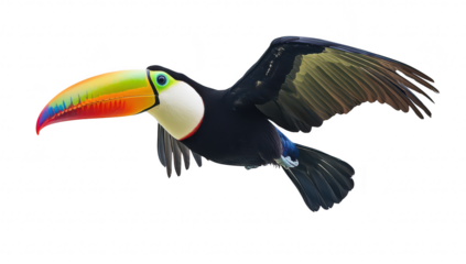 A toucan in mid-flight its colorful beak and feathers against a clean white background. symbolizing the beauty of wildlife and nature photography for educational and artistic purposes