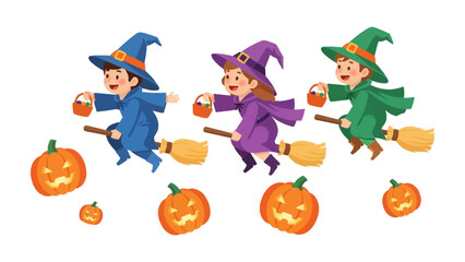 Halloween Witch Celebration: Three charming witches, each in vibrant attire, embark on a delightful broomstick journey, surrounded by whimsical pumpkins and bags of treats. A perfect Halloween scene.