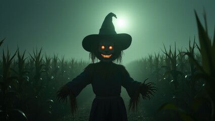 A terrifying scarecrow with a menacing smile stands guard in a misty cornfield at night. This creepy, haunted figure creates a classic horror scene perfect for Halloween themes, evoking feelings of fe