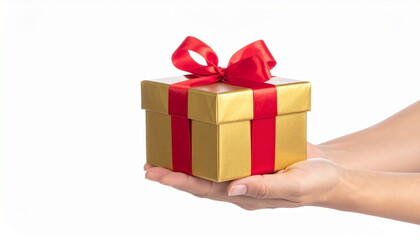 Hand Holding Gold Gift Box with Red Ribbon on White Background