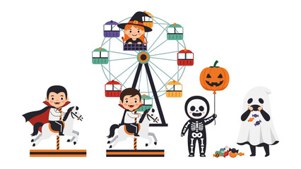 Halloween Amusement Park: Spooky characters ride amusement park rides like a Ferris wheel and carousel, amidst festive decorations of a jack-o'-lantern balloon, ready for a night of Halloween.