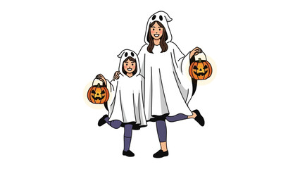 Halloween Ghostly Duo: A mother and child, adorned in whimsical ghost costumes, gleefully present a spooky and joyful spectacle of Halloween spirit. Holding carved pumpkin buckets.