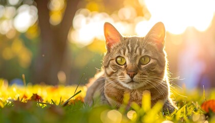 A relaxed tabby cat basks in the warm sunlight, gazing directly at the viewer. It?s nestled in lush green grass during the golden hour