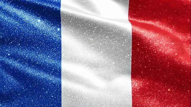 Glittering French Flag Wallpaper - This video shows the French flag waving, with a glittering wallpaper effect in blue, white, and red. The video creates a sparkly and patriotic effect.