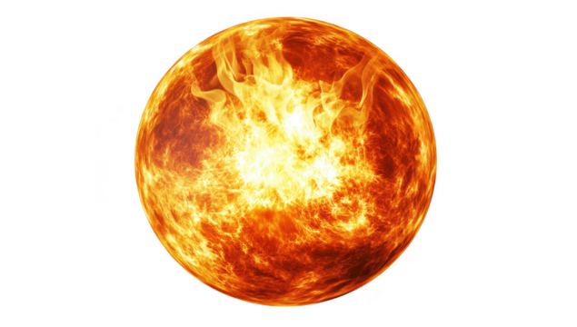 A depiction of a blazing sun with fiery flames radiating outward. set against a clean white background. ideal for illustrating warmth. energy. or celestial themes