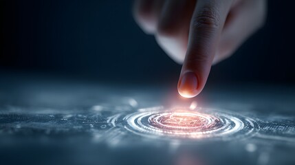 Close-up of a human finger touching a virtual panel with an AI button on a dark background.