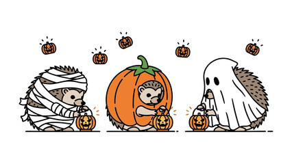 Halloween Hedgehog Trio: Three adorable hedgehog characters are dressed in creative Halloween costumes, a mummy, a pumpkin, and a ghost.