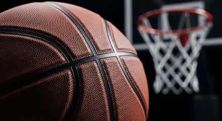 Close-up of a detailed basketball in front of a blurred basketball hoop ready for a game.