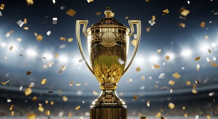 Golden trophy shines bright amidst stadium lights and falling confetti celebration of victory