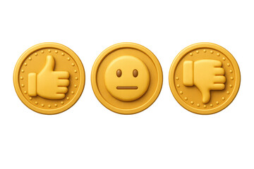 Golden feedback coins for rating isolated on transparent backdrop