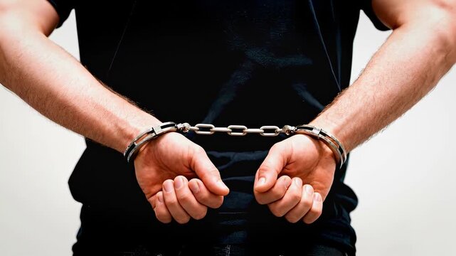 A person's hands being cuffed behind their back. Arrest, law enforcement, punishment, legal consequences.