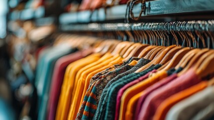Fototapeta premium Medium shot of a neatly arranged thrift store clothing rack with colorful garments in sharp focus blurred shelves of accessories in the background.