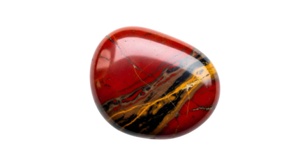 Polished jasper gemstone isolated on transparent background, showcasing vibrant red hues and intricate patterns, a captivating example of natures artistry
