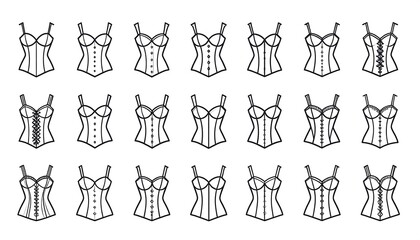 A grid of outlined corsets showing variations in design features and closures. The garments have adjustable straps and defined bodice shaping
