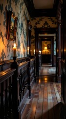 Fototapeta premium Haunted hallway candlelight illuminates dim corridor with wooden floors, floral wallpaper, and warm glowing candles. Concept of Halloween tranquility and inviting, peaceful ambiance.