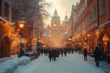 Obraz premium People ice skating in a snowy Stockholm cityscape.