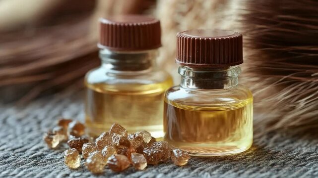 A close-up of a bottle of oil sitting next to a pile of sugar crystals