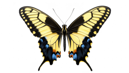 A yellow and black butterfly with intricate wing patterns displayed symmetrically against a clean white background. its natural beauty for educational and artistic purposes