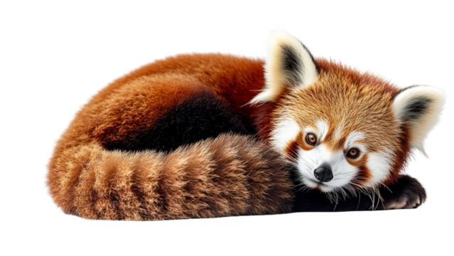 Cute red panda lies on transparent background showcasing its fluffy fur and bushy tail. animal relaxed pose and gentle expression create serene atmosphere