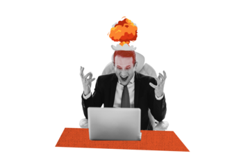 Composite trend artwork sketch image photo collage of trader business office laptop boss burnout angry scream young man head explosion