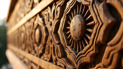 Wooden carving detail with traditional sun motif