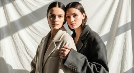 Two young caucasian women in fashionable coats posing against white fabric background