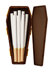 Cigarettes inside half open coffin on transparent background. 3D illustration