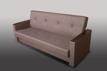 Isolated sofa bed with fabric upholstery on grey gradient background.