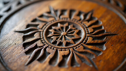 Traditional wooden carving with sun symbol