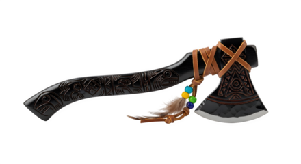 Axe isolated on transparent background, a handforged tool with a dark wooden handle, leather bindings, and decorative beads, showcasing craftsmanship and utility