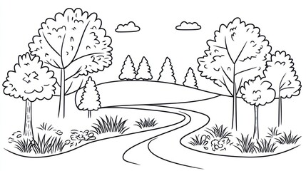 Black and white illustration of a winding road through a natural landscape