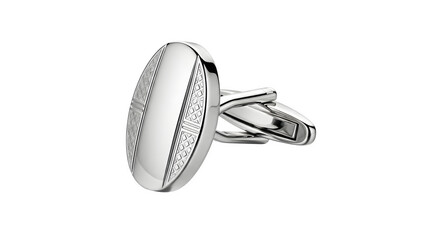 Elegant silver cufflink isolated on transparent background, featuring a sleek oval design with textured accents, a sophisticated accessory for formal attire