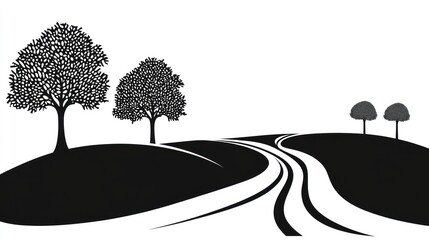 Black and white illustration of a road winding through hills and trees