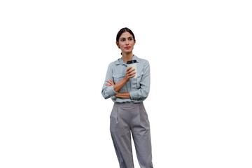 Young businesswoman standing, relaxing with coffee, contemplating thoughts during a workday break, transparent background