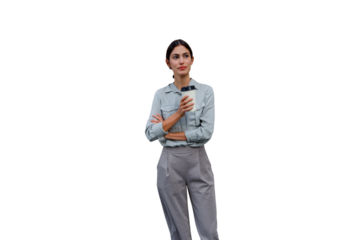 Young businesswoman standing, relaxing with coffee, contemplating thoughts during a workday break, transparent background