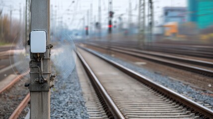 Focused router device mounted near railway tracks with blurred signal waves overlay illustrating improvements in realtime wireless data streaming for train systems.